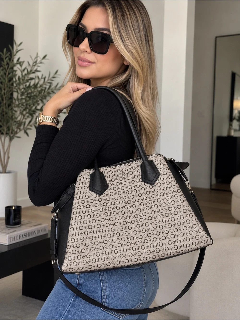 Black & Beige Monogram Tote Shoulder Bag